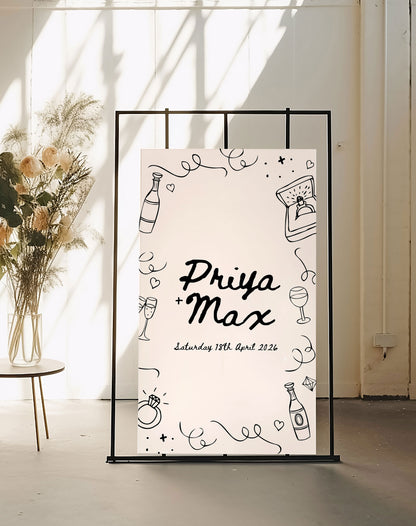 Priya | Hand Drawn Doodle Welcome Sign - Ivy and Gold Wedding Stationery