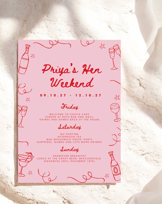 Priya Doodle Hen Itinerary & Invitation - Ivy and Gold Wedding Stationery