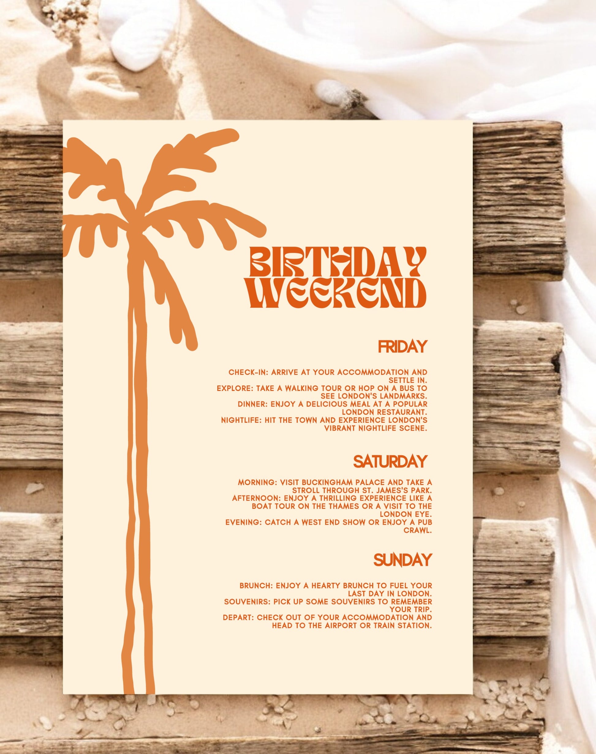 Remy Palm Tree Birthday Itinerary & Invitation - Ivy and Gold Wedding Stationery