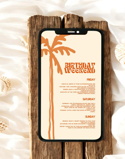 Remy Palm Tree Birthday Itinerary & Invitation - Ivy and Gold Wedding Stationery