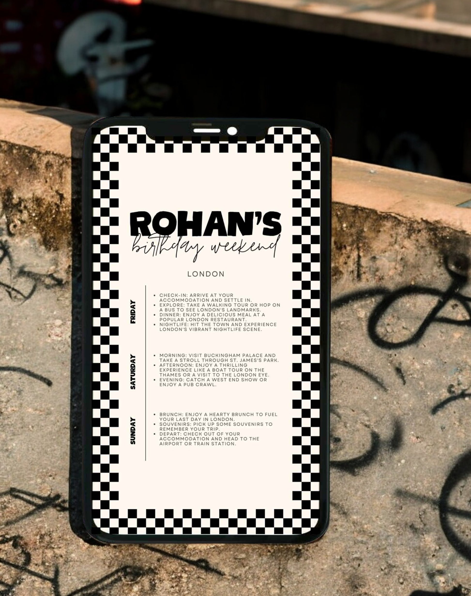 Rohan Checkered Skater Birthday Weekend Itinerary - Ivy and Gold Wedding Stationery