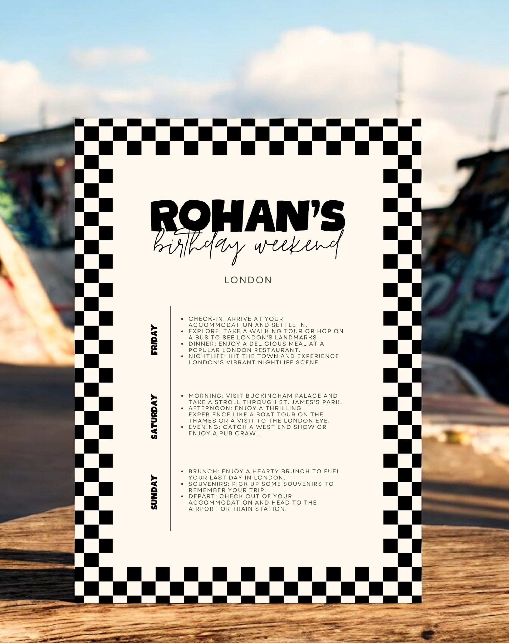 Rohan Checkered Skater Birthday Weekend Itinerary - Ivy and Gold Wedding Stationery