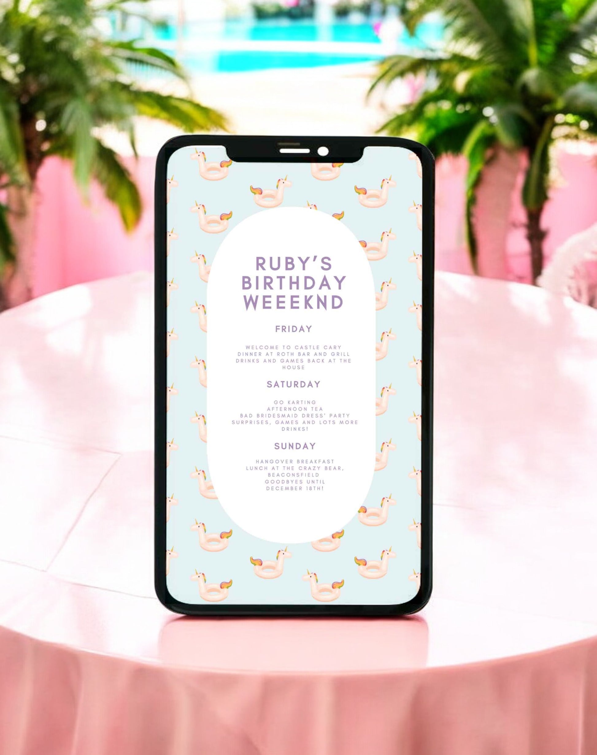 Unicorn Pool Party Birthday Itinerary - Ivy and Gold Wedding Stationery