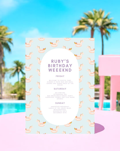 Unicorn Pool Party Birthday Itinerary - Ivy and Gold Wedding Stationery