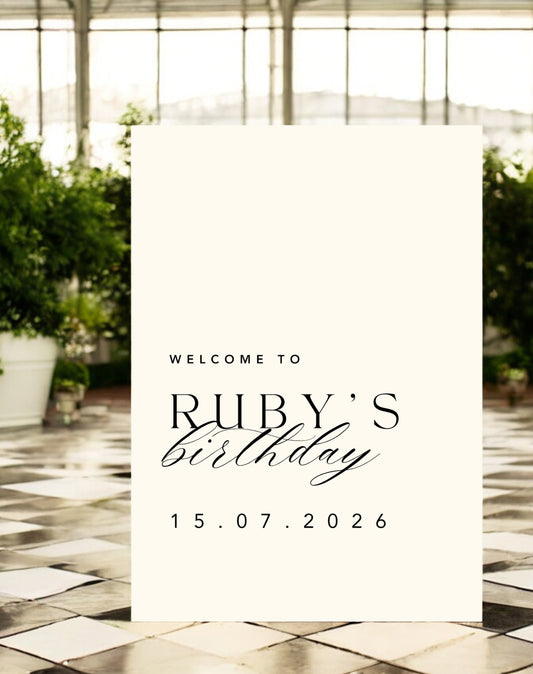 Ruby Minimal Birthday Party Welcome Sign - Ivy and Gold Wedding Stationery