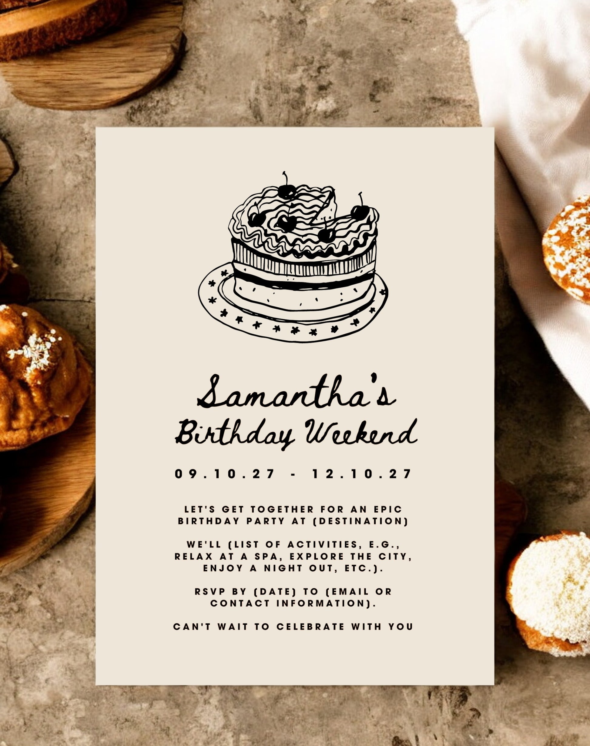 Samantha Cake Doodle Birthday Itinerary & Invitation - Ivy and Gold Wedding Stationery