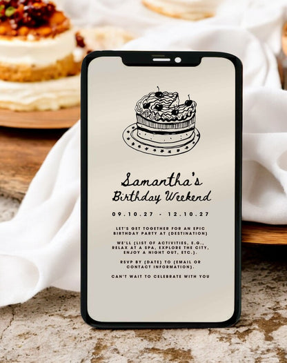 Samantha Cake Doodle Birthday Itinerary & Invitation - Ivy and Gold Wedding Stationery