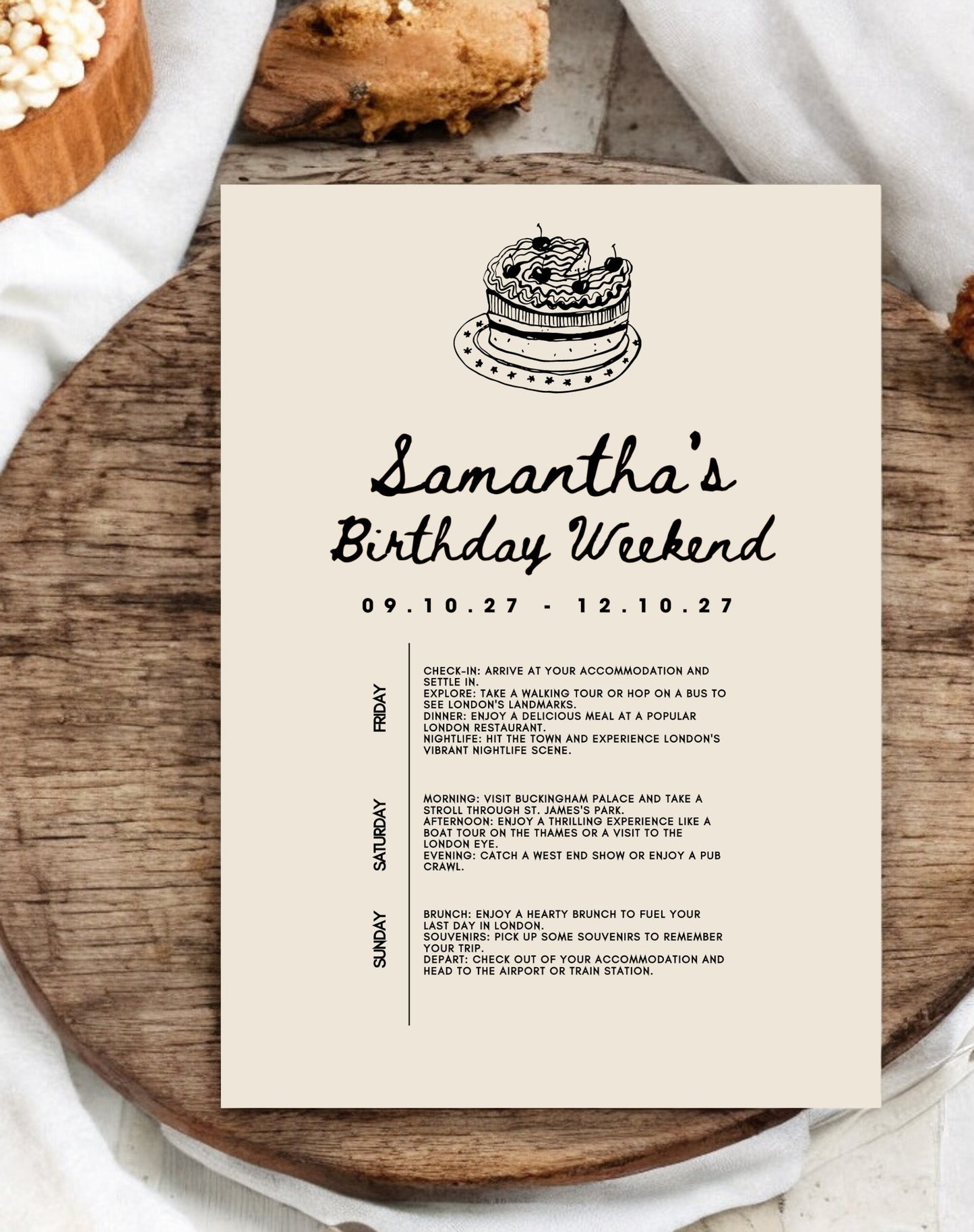 Samantha Cake Doodle Birthday Itinerary & Invitation - Ivy and Gold Wedding Stationery