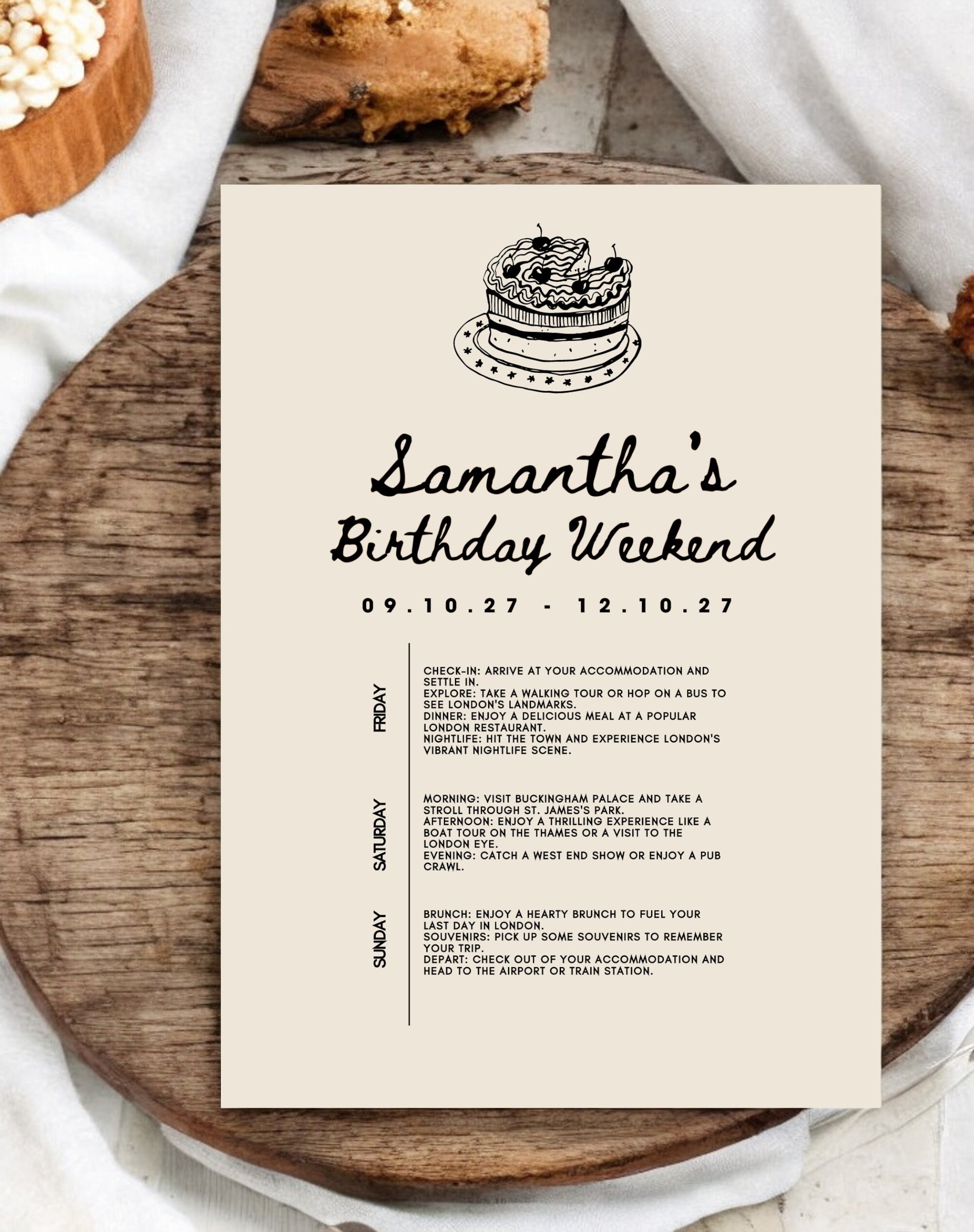 Samantha Cake Doodle Birthday Itinerary & Invitation - Ivy and Gold Wedding Stationery