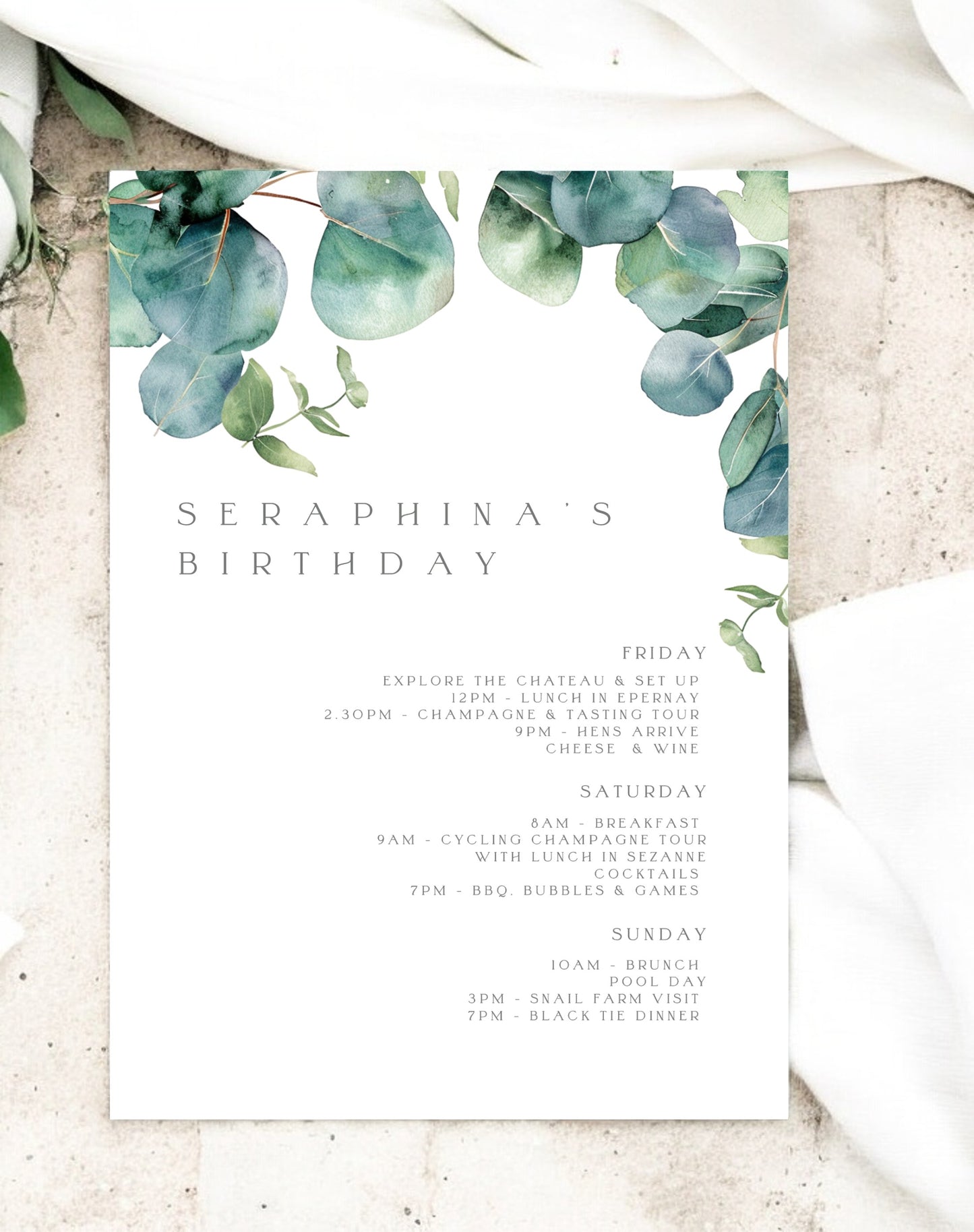 Seraphina Eucalyptus Birthday Itinerary - Ivy and Gold Wedding Stationery