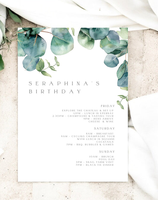 Seraphina Eucalyptus Birthday Itinerary - Ivy and Gold Wedding Stationery