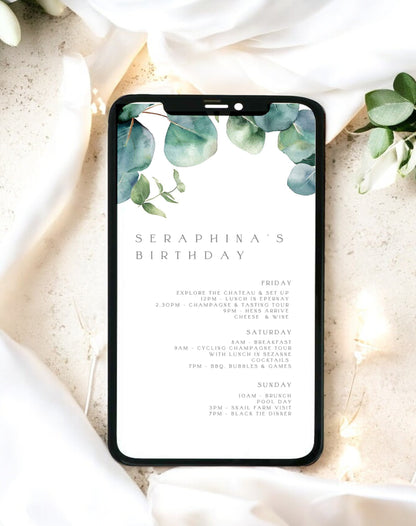 Seraphina Eucalyptus Birthday Itinerary - Ivy and Gold Wedding Stationery