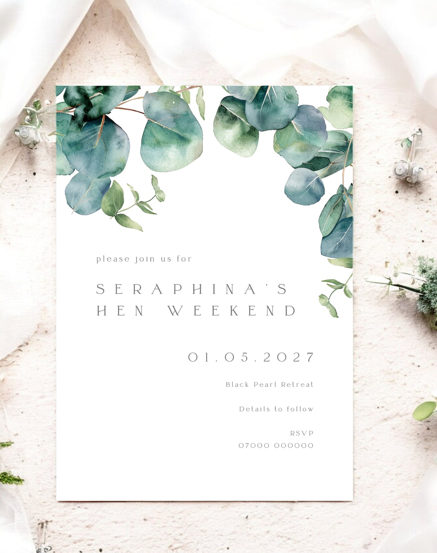 Seraphina Eucalyptus Hen Itinerary & Invitation - Ivy and Gold Wedding Stationery