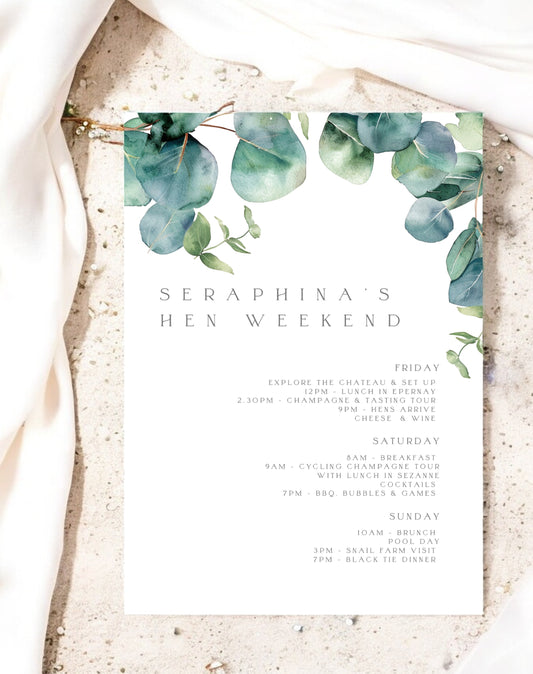 Seraphina Eucalyptus Hen Itinerary & Invitation - Ivy and Gold Wedding Stationery