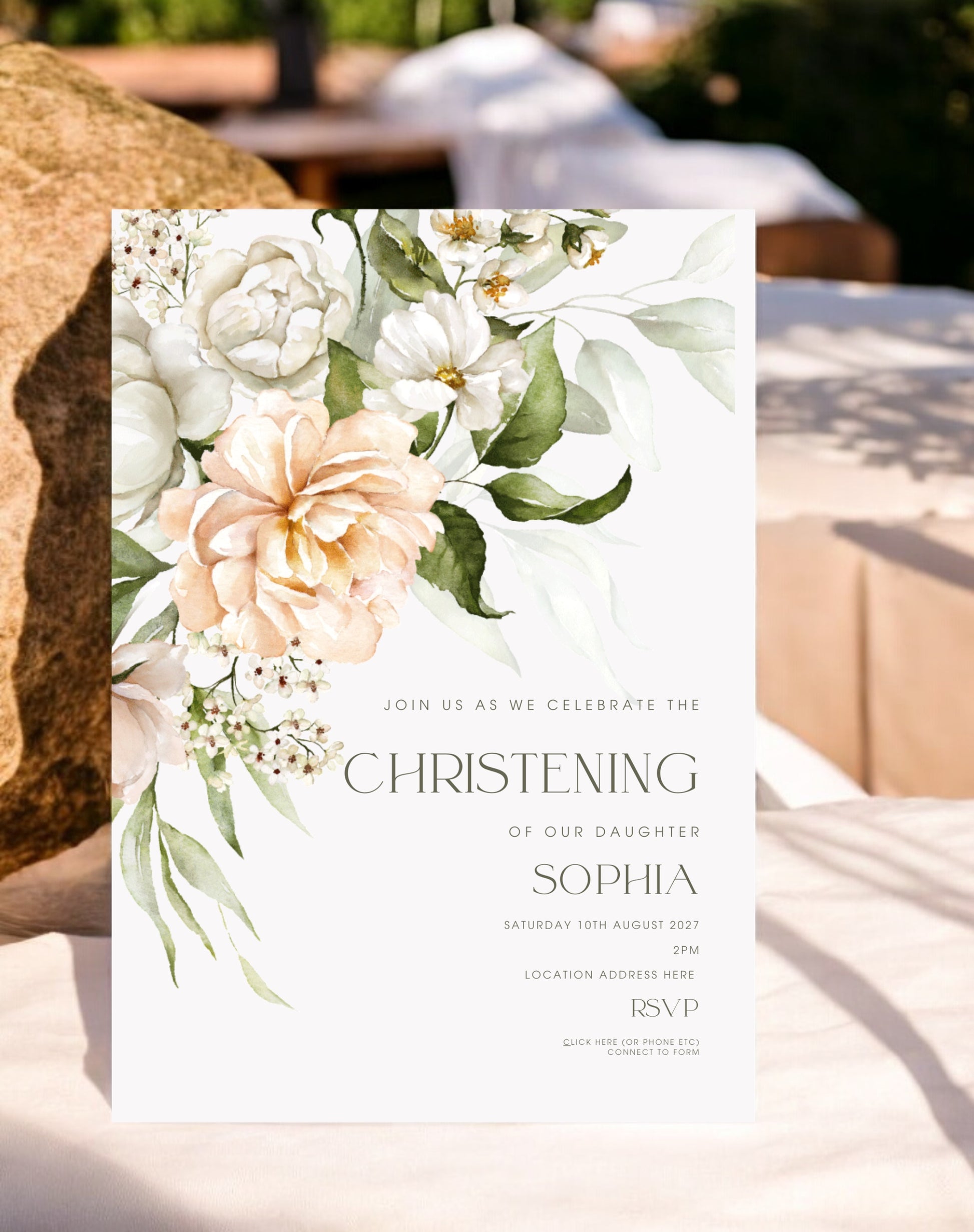 Sophia Peach Floral Christening Invitation - Ivy and Gold Wedding Stationery