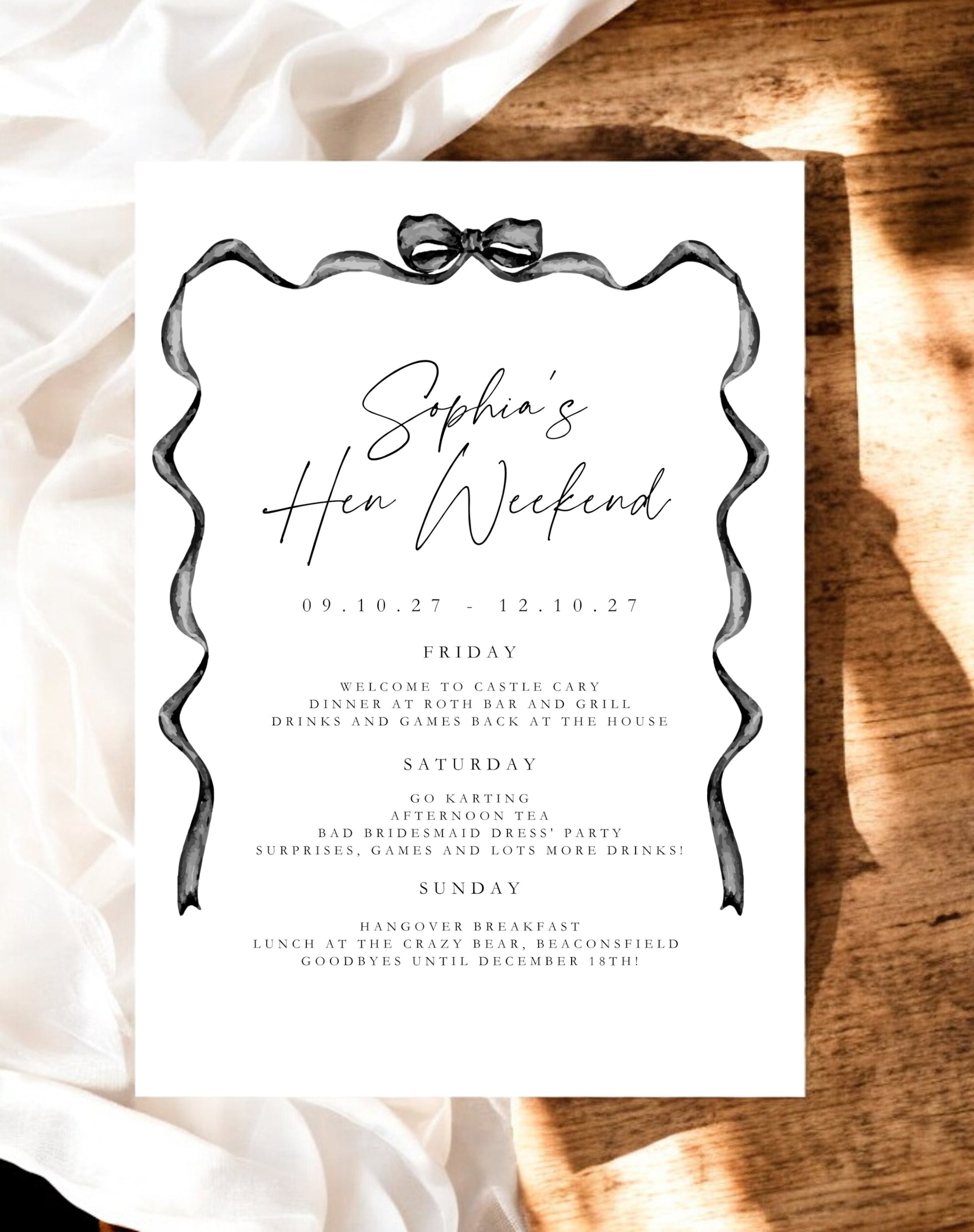 Sophia Bow Hen Itinerary - Ivy and Gold Wedding Stationery