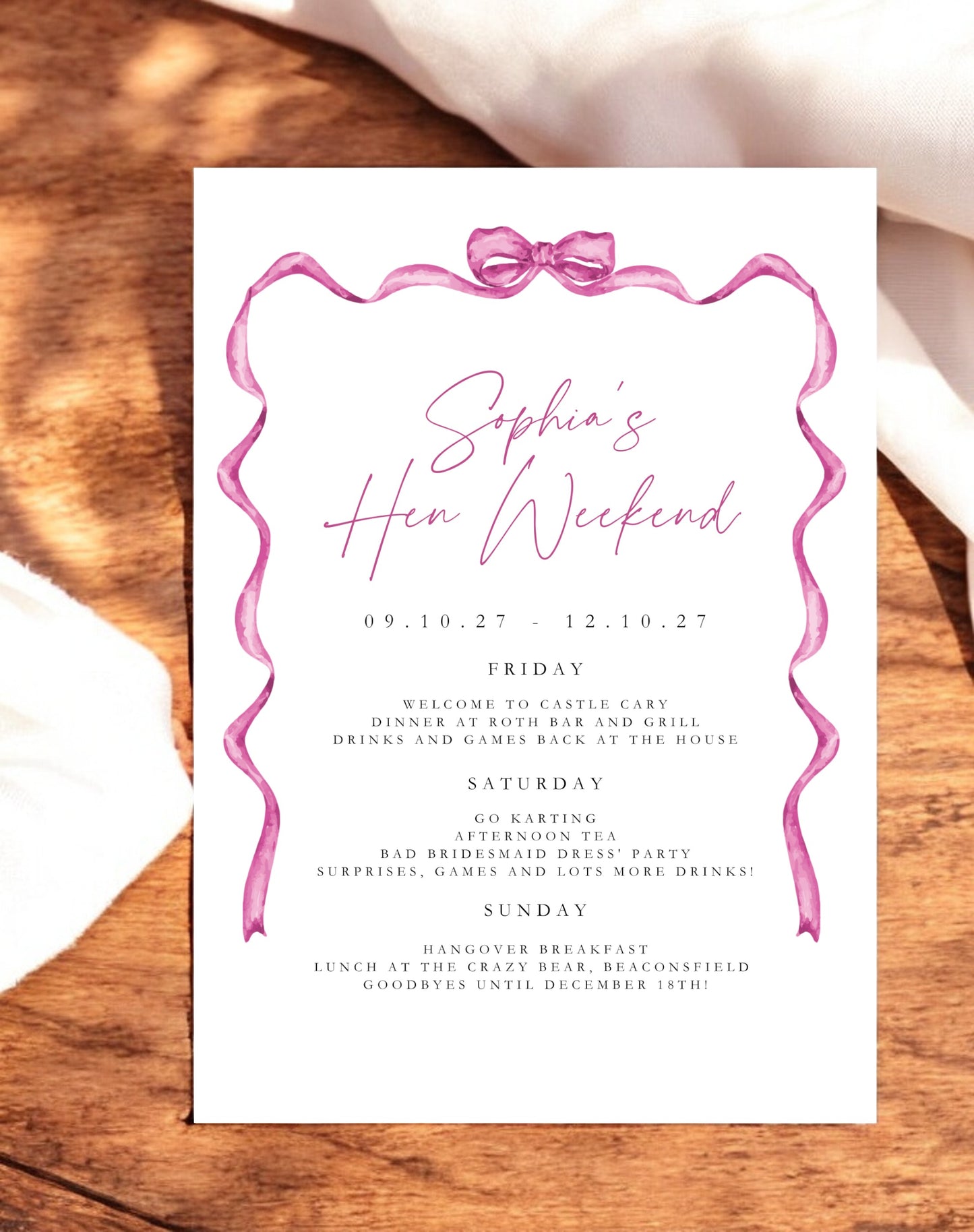 Sophia Bow Hen Itinerary - Ivy and Gold Wedding Stationery