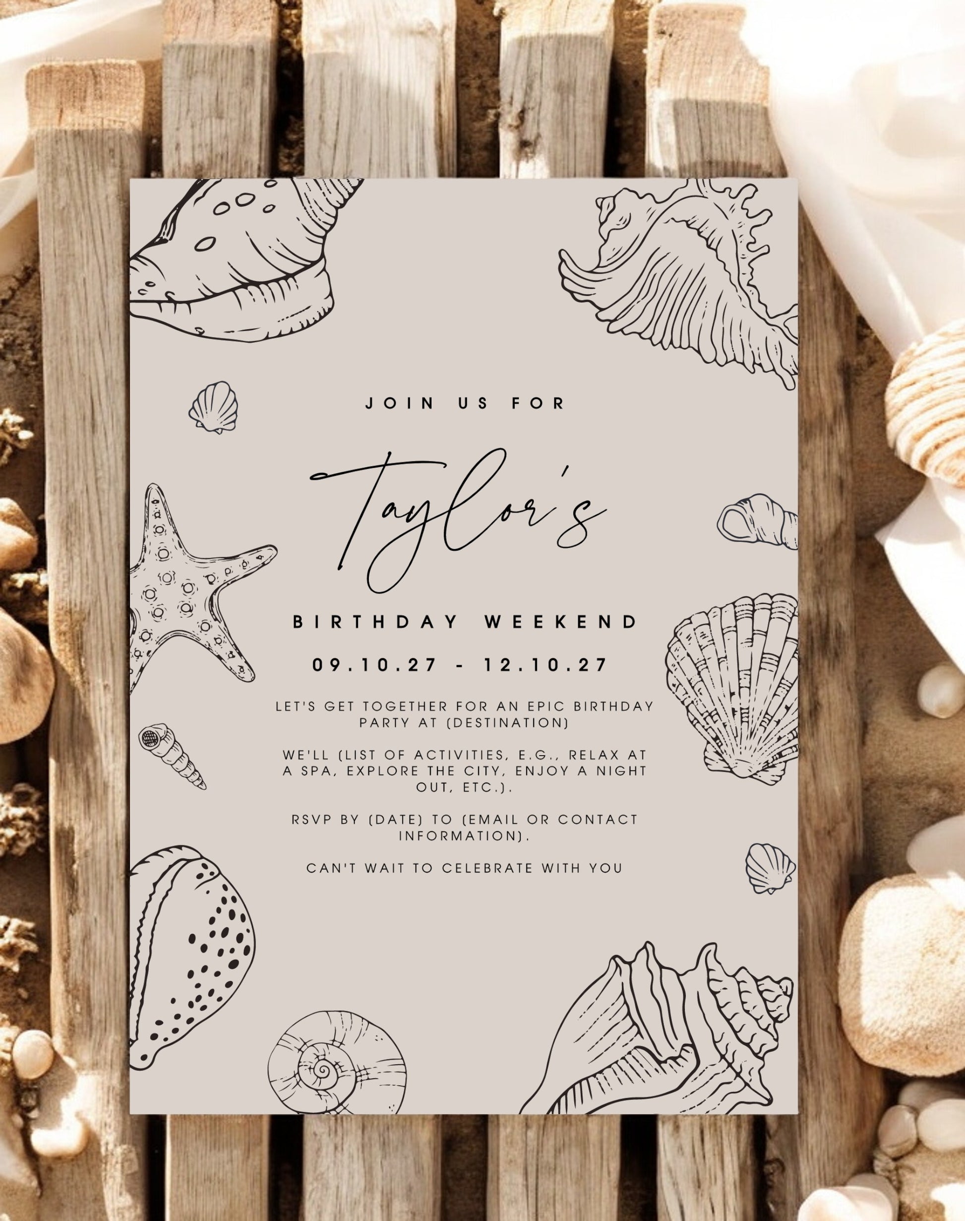 Taylor Shell Birthday Itinerary & Invitation - Ivy and Gold Wedding Stationery