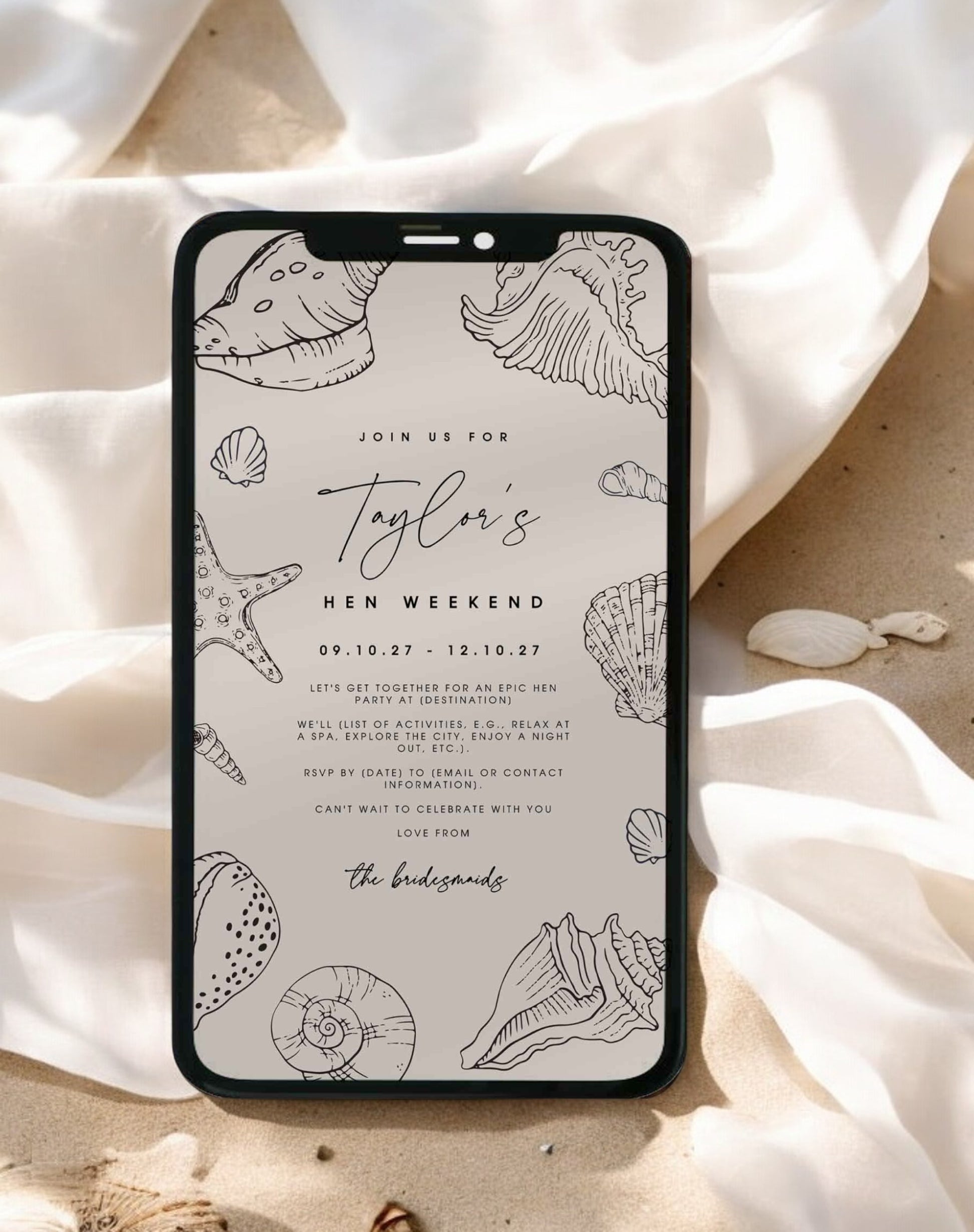 Taylor Shell Hen Itinerary & Invitation - Ivy and Gold Wedding Stationery