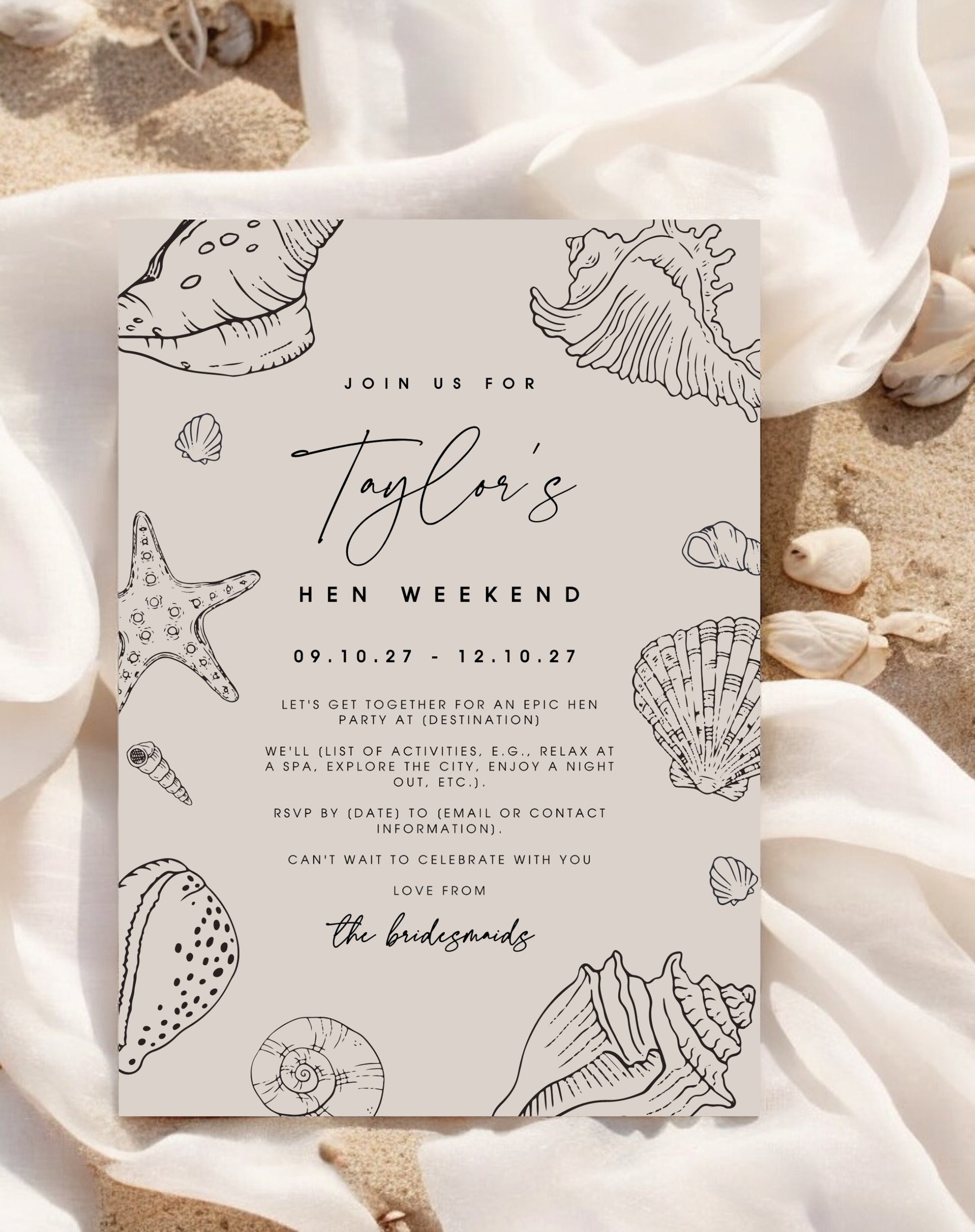 Taylor Shell Hen Itinerary & Invitation - Ivy and Gold Wedding Stationery