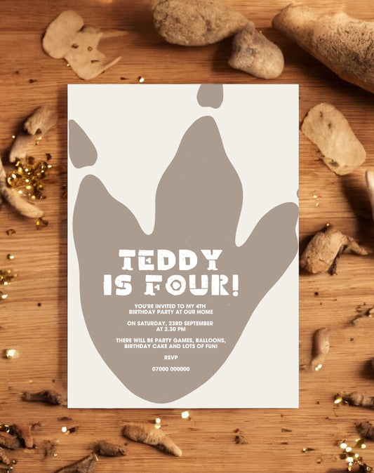 Teddy Dinosaur Footprint Birthday Invitation - Ivy and Gold Wedding Stationery