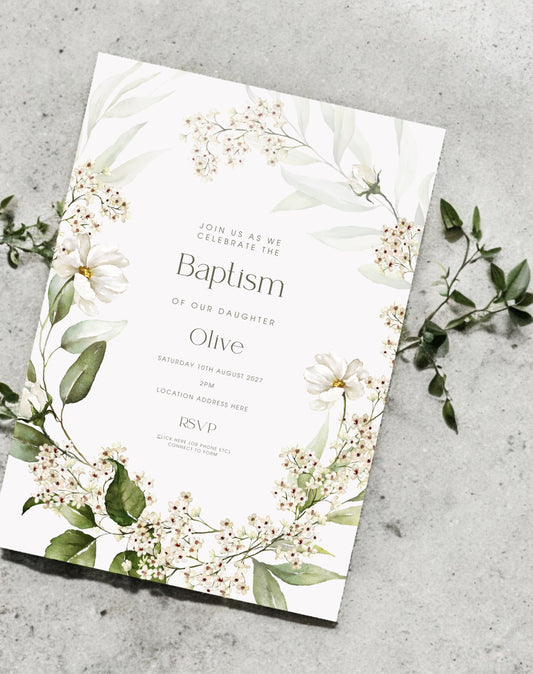 Olive Floral Wreath Christening Invitation