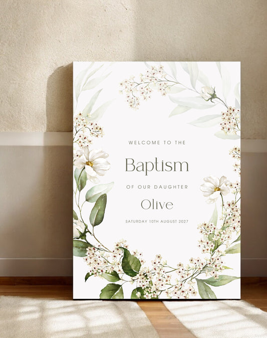 Olive White Floral Wreath Christening Welcome Sign