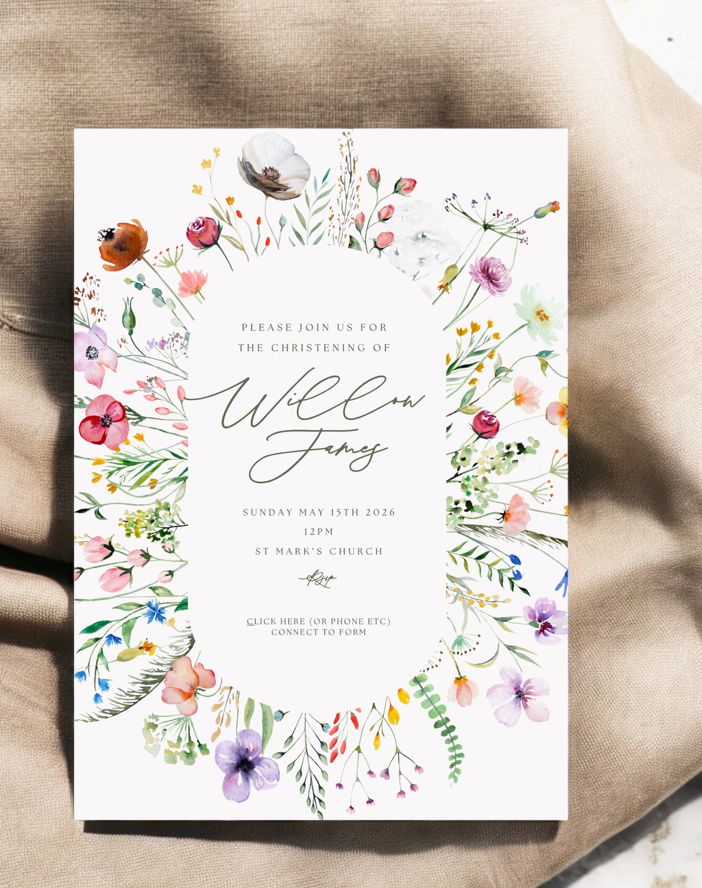 Willow Wildflower Christening Invitation - Ivy and Gold Wedding Stationery