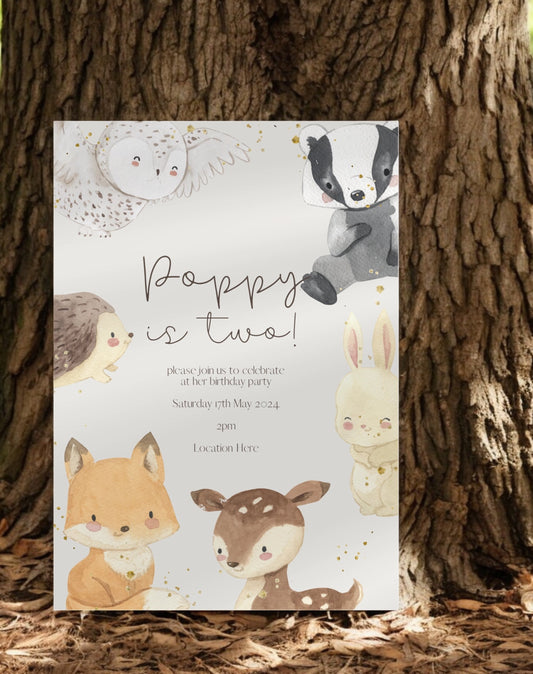 Poppy Woodland Animal Birthday Invitation - Ivy and Gold Wedding Stationery