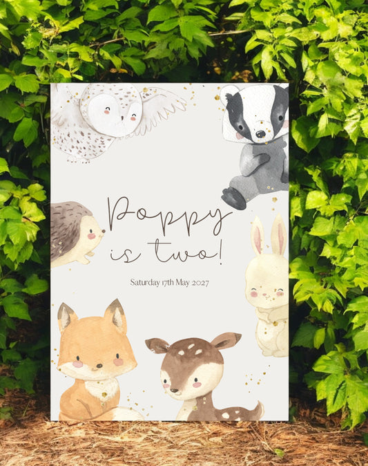 Poppy Woodland Animal Birthday Party Welcome Sign - Ivy and Gold Wedding Stationery