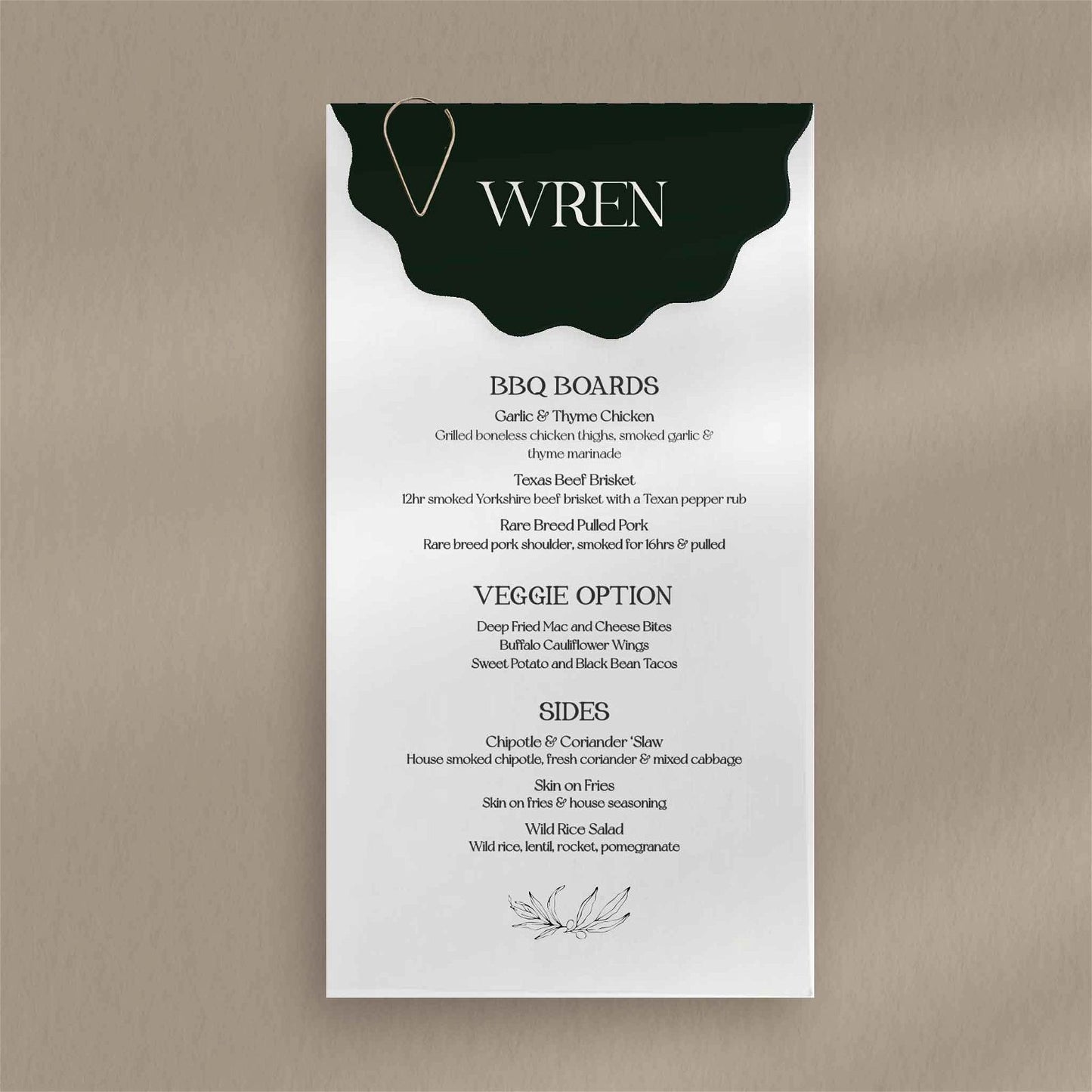 Wren Menu  Ivy and Gold Wedding Stationery   