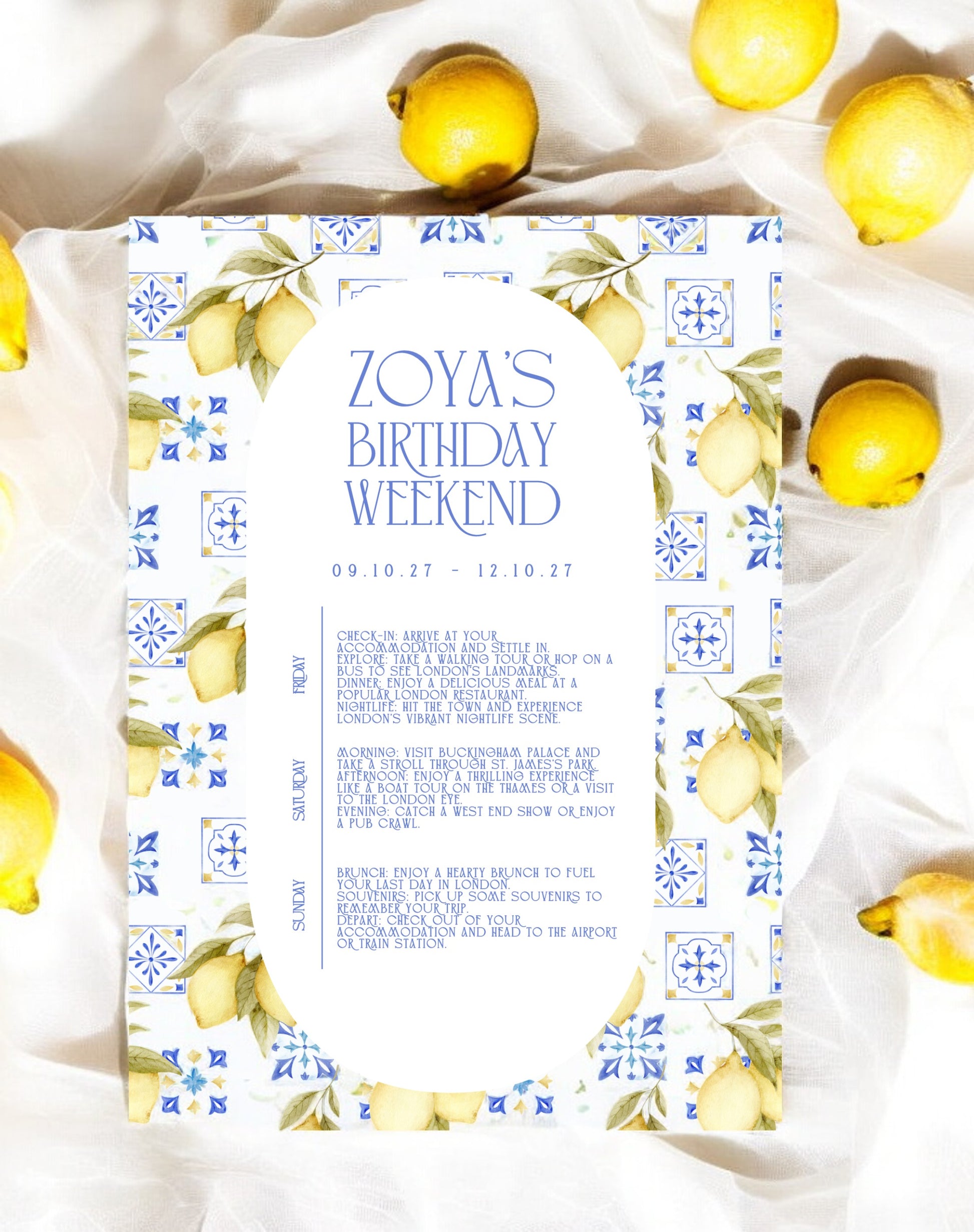 Zoya Italian Lemon Birthday Weekend Itinerary - Ivy and Gold Wedding Stationery