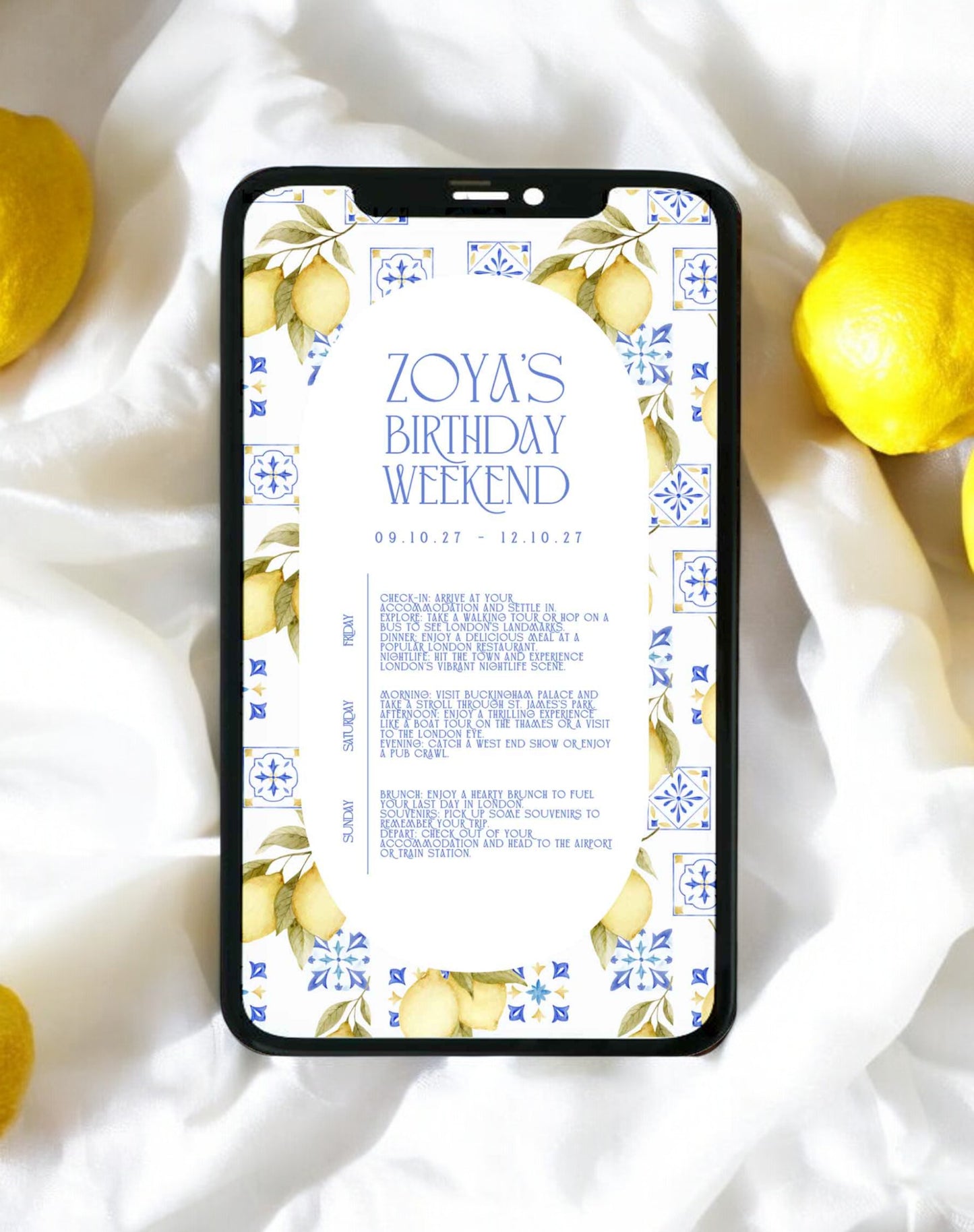 Zoya Italian Lemon Birthday Weekend Itinerary - Ivy and Gold Wedding Stationery